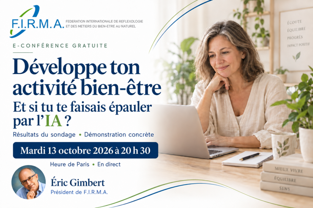 E-conférence gratuite « Développe ton activité bien-être : et si tu te faisais épauler par l’IA ? », avec Éric Gimbert, le 13 octobre 2026 à 20 h 30.
