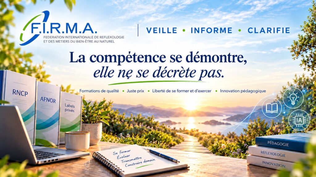 Bannière FIRMA sur les labels privés en réflexologie, les formations de qualité et la liberté d'exercer, avec la devise « La compétence se démontre, elle ne se décrète pas ».